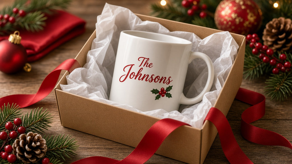 Personalized family name Christmas mug, design detail