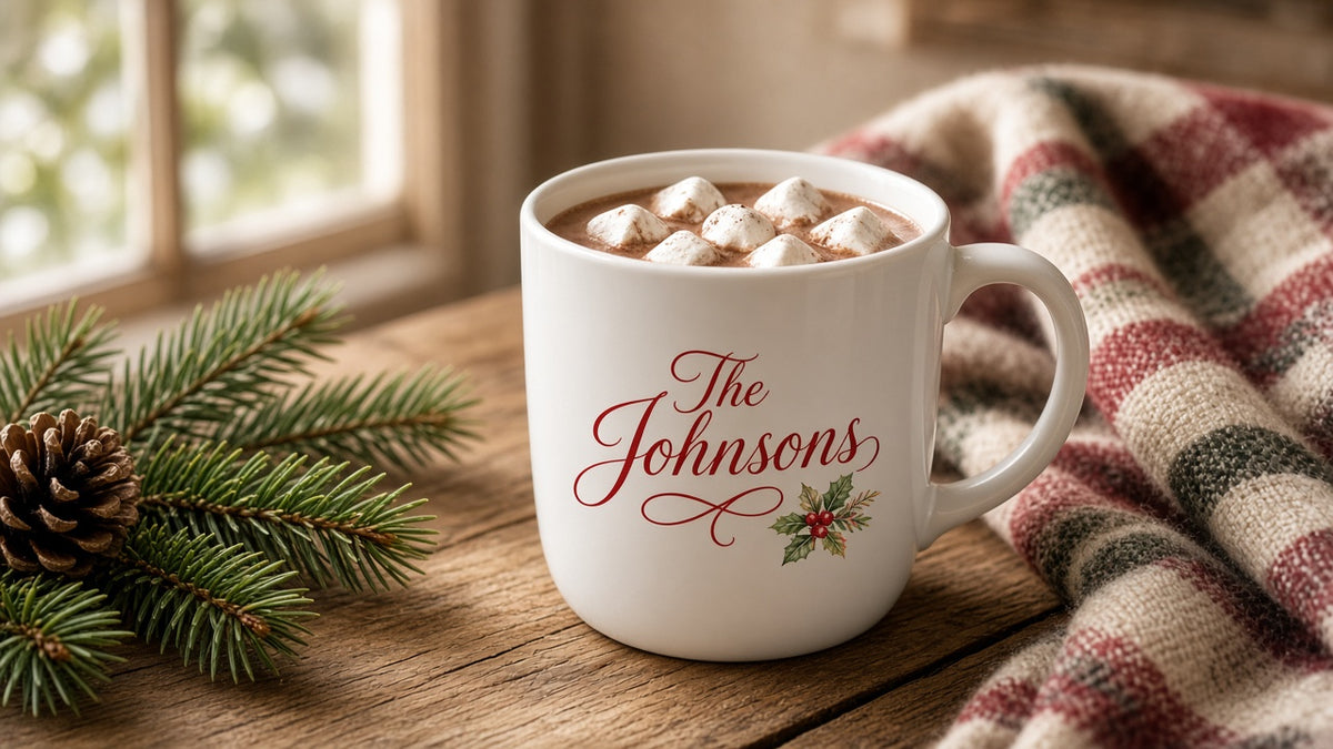 Personalized Christmas mug printed with family name and year