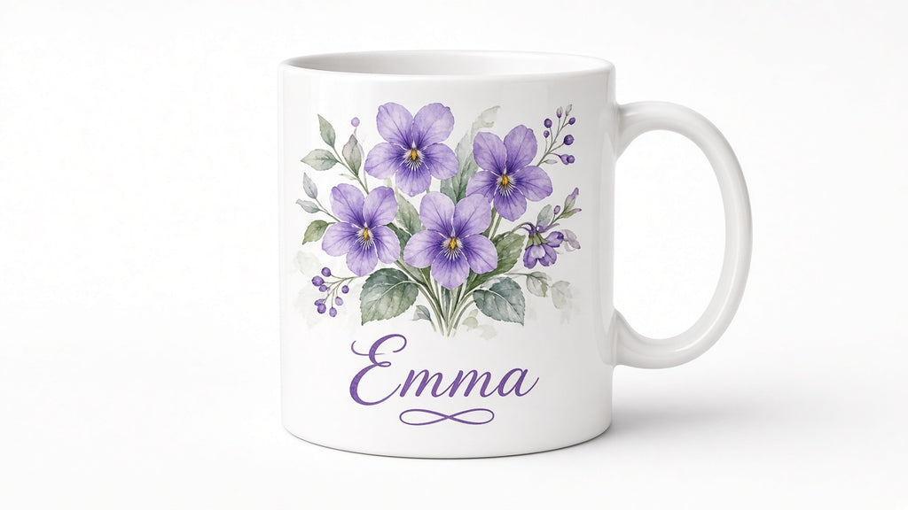 Birth month flower mug with name, alternate view