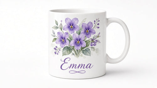 Birth month flower mug with name, alternate view