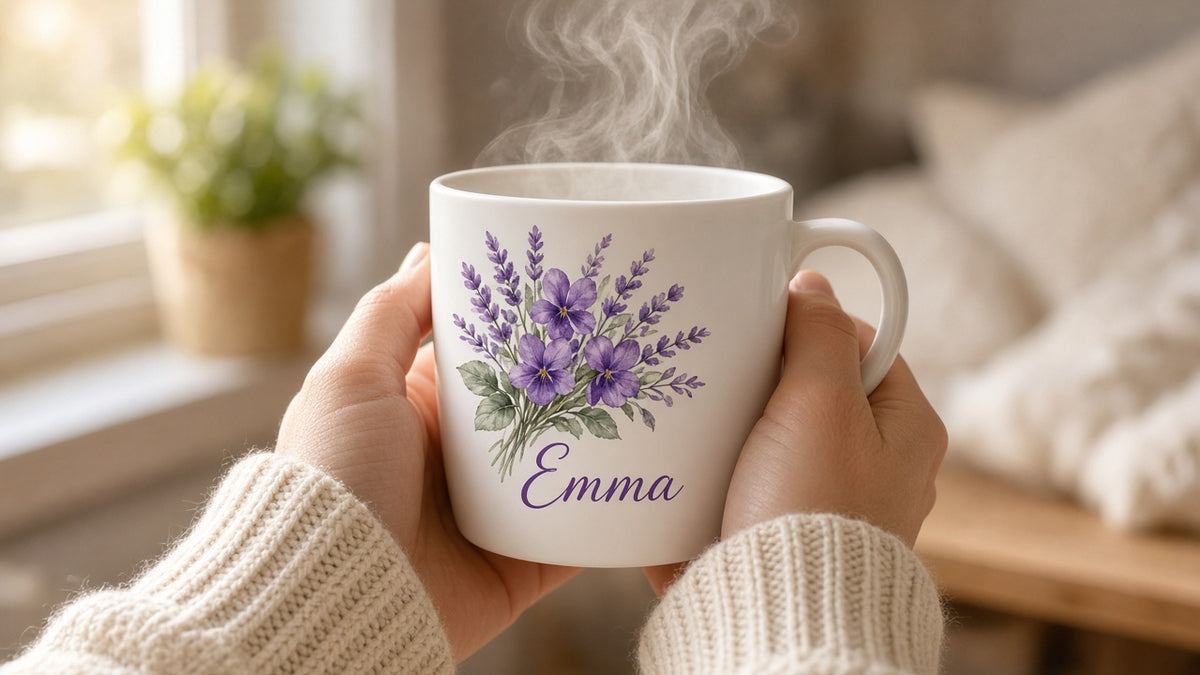 Birth month flower mug with name, design detail
