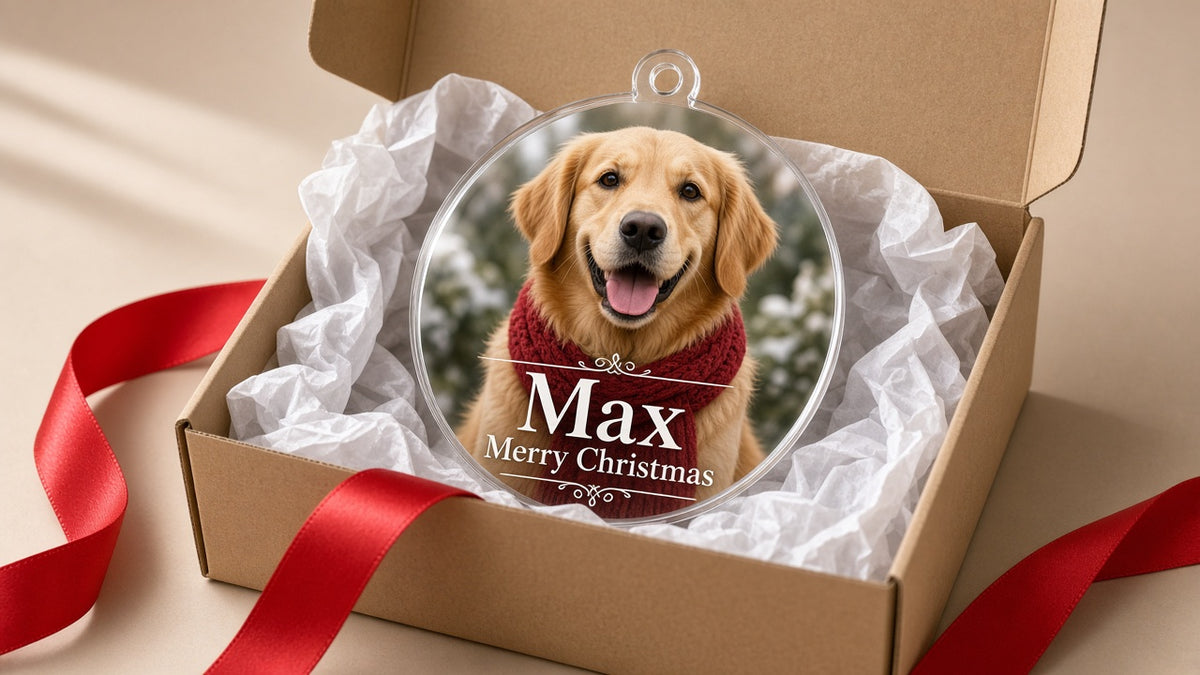 Custom pet photo Christmas ornament, design detail