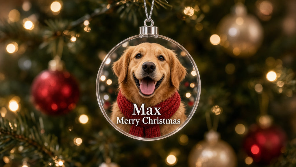 Personalized pet photo Christmas ornament in clear acrylic