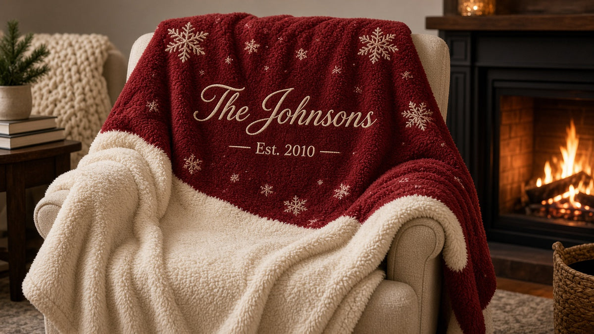 Personalized family Christmas blanket with family name in a wreath