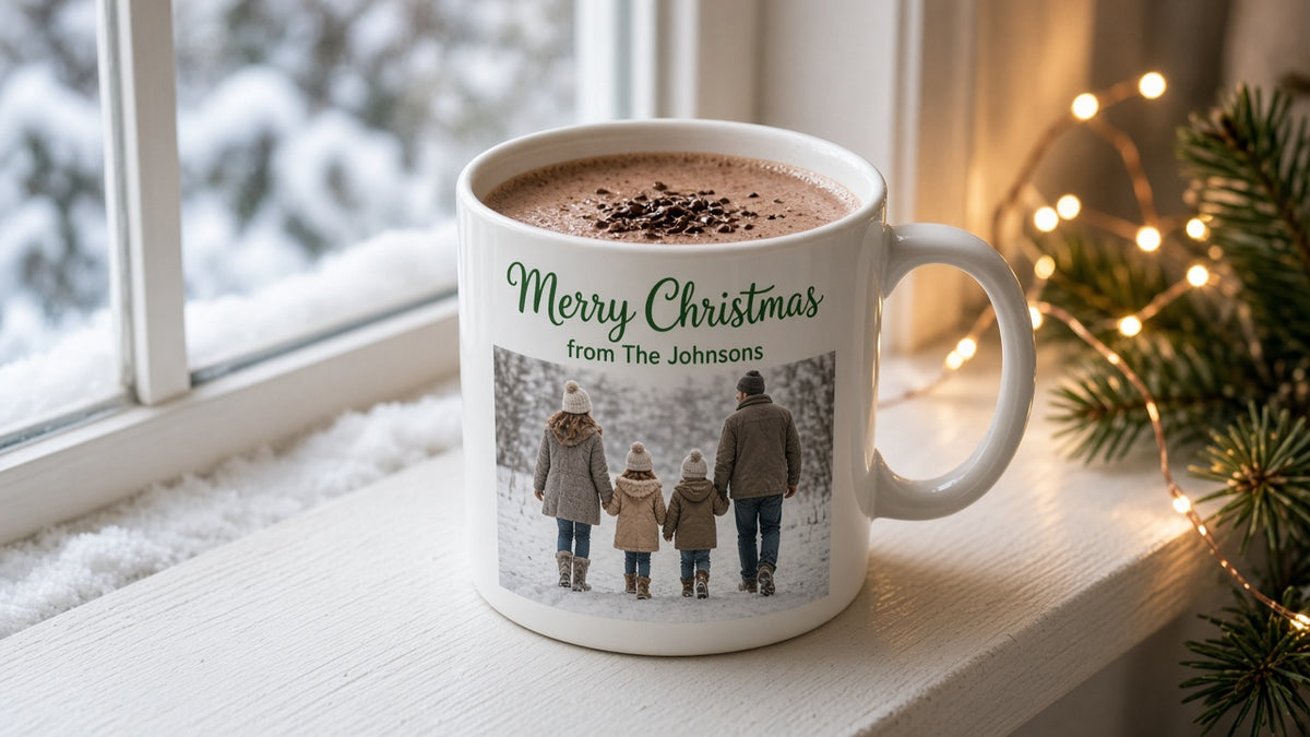 Custom family photo Christmas mug, design detail