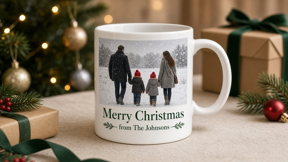 Custom family photo Christmas mug with name and year